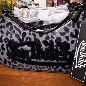 Von Dutch Silver and Black Leopard-Print Shoulder Bag